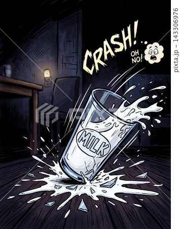 Comic style milk container smashing on dark wooden floor with exaggerated splash effect Comic style milk container smashing on dark wooden floor with exaggerated splash effect 143306976