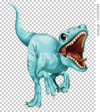 Watercolor velociraptor dinosaur isolated PNG file, featuring a cute hand-drawn blue swift predator prehistoric creature character on a transparent background. 143307095