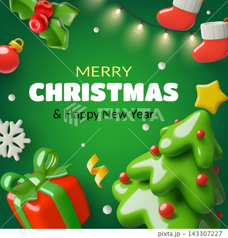 Green Christmas greetings 3D background with a tree gift box stockings holly berries string lights Green Christmas greetings 3D background with a tree gift box stockings holly berries string lights 143307227