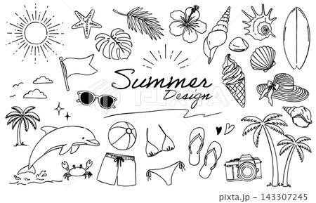夏のモチーフのシンプルな手書き風線画デザインイラストセット(イルカ、ヤシの木、貝殻、水着、ひまわり) 夏のモチーフのシンプルな手書き風線画デザインイラストセット(イルカ、ヤシの木、貝殻、水着、ひまわり) 143307245