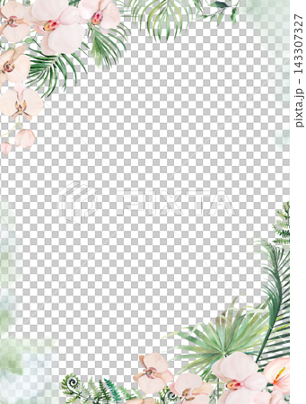 Watercolor green palm leaves and pink orchid, tropical wedding isolated illustration and party decor Watercolor green palm leaves and pink orchid, tropical wedding isolated illustration and party decor 143307327
