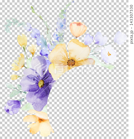Frame with watercolor light purple and yellow flowers, botanical isolated wedding illustration 143307330