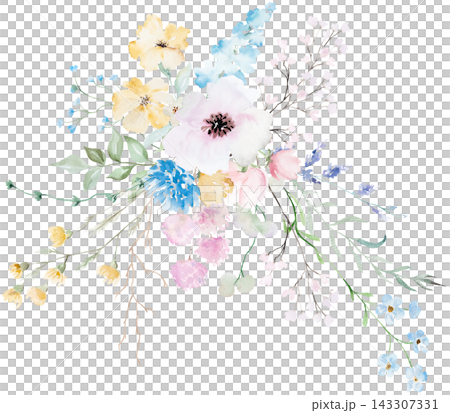 Floral bouquet with watercolor pastel wildflowers, botanical illustration for wedding stationery Floral bouquet with watercolor pastel wildflowers, botanical illustration for wedding stationery 143307331