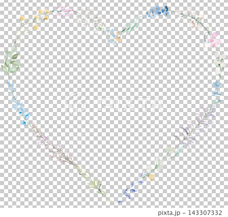 Watercolor floral heart frame with pastel wildflowers, isolated floral illustration for stationery Watercolor floral heart frame with pastel wildflowers, isolated floral illustration for stationery 143307332