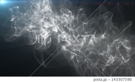White and silver particle mesh wave with glowing abstract folds on a dark background, representing digital networks, science, and data flow. White and silver particle mesh wave with glowing abstract folds on a dark background, representing digital networks, science, and data flow. 143307590