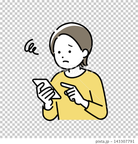一幅年輕女子神情憂慮地操作智慧型手機的插圖。 一幅年輕女子神情憂慮地操作智慧型手機的插圖。 143307791