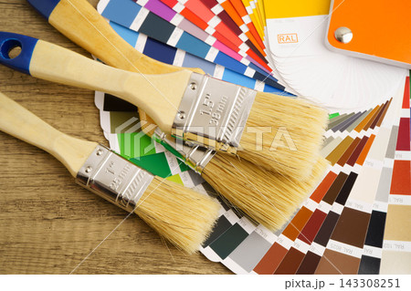 Color palette guide catalog with brush tools for paint house. Color palette guide catalog with brush tools for paint house. 143308251