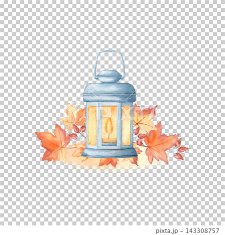 Blue lantern, candle, maple leaves and berries watercolor autumn isolated illustration. Hand drawn cozy seasonal clipart for Thanksgiving and fall home decor. Drawing in rustic style and bright colors Blue lantern, candle, maple leaves and berries watercolor autumn isolated illustration. Hand drawn cozy seasonal clipart for Thanksgiving and fall home decor. Drawing in rustic style and bright colors 143308757