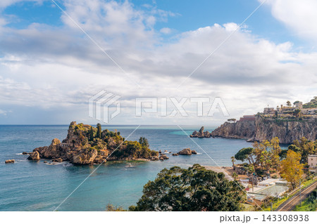 Isola Bella island in Taormina, Sicily. Picturesque Ionian Sea coastal landscape 143308938