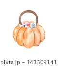 A cute watercolor orange pumpkin bucket for sweets and candies. A hand-drawn, cartoon-style Halloween treat container for kids. Perfect for trick-or-treat fun. a candy bag to complement a costume. 143309141