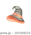 A cute watercolor witch's hat with a curled tip, perfect for Halloween. A cartoon-style autumn accessory for a Halloween costume. A hand-drawn vintage black-and-red hat featuring a buckle. 143309232