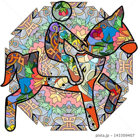 Equestrian icon on mandala. Olympic sport. Abstract hand drawing. Equestrian icon on mandala. Olympic sport. Abstract hand drawing. 143309407