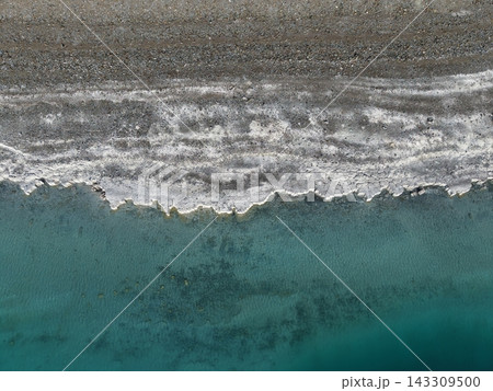 texture, background. aerial view coastli. sunbeams from behind the clouds over the lakes. view from a drone of a lake in the mountains. High quality 4k footage 143309500