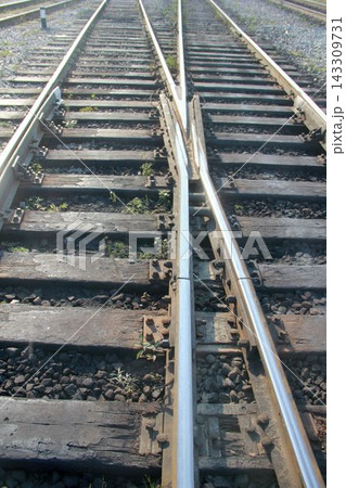 Railroad switch point diverging tracks leading to different destinations Railroad switch point diverging tracks leading to different destinations 143309731