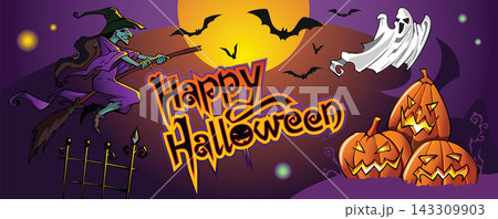 Happy Halloween greeting card with handwritten text, banner with witch, pumpkins and ghosts, vector illustration 143309903