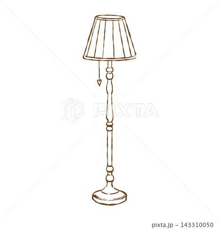 Tall floor lamp with a lampshade and a pull-chain switch. Retro vector outline illustration. Isolated linear clip art.  143310050