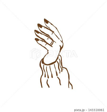 A womans hand in a cozy sweater. Vintage isolated outline illustration. Brown vector sketch. Line clipart A womans hand in a cozy sweater. Vintage isolated outline illustration. Brown vector sketch. Line clipart 143310061