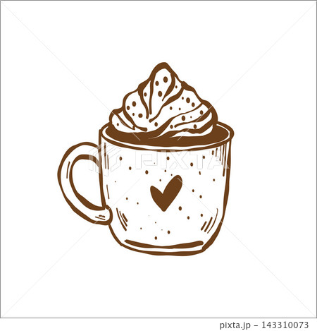 Line sketch of a coffee drink for a coffee shop menu. Caramel Latte. Vintage brown outline clipart on an isolated background. Line sketch of a coffee drink for a coffee shop menu. Caramel Latte. Vintage brown outline clipart on an isolated background. 143310073