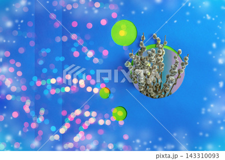 Creative botanical still life with willow branches and paper cut circles. Modern abstract floral composition with willow catkins and paper cut shapes. Creative botanical still life with willow branches and paper cut circles. Modern abstract floral composition with willow catkins and paper cut shapes. 143310093