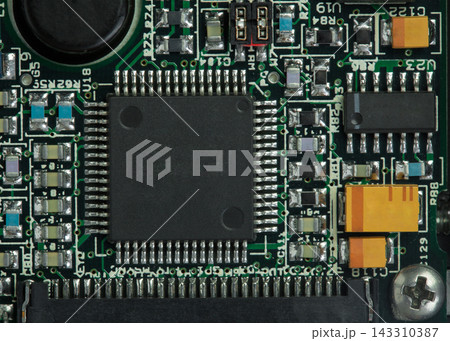 Circuit Board Macro with Microchip and Electronic Components Circuit Board Macro with Microchip and Electronic Components 143310387
