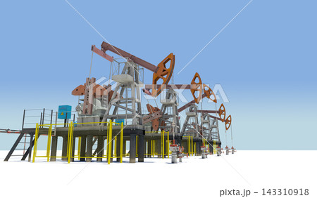 Oil Pumpjacks on Industrial Energy Platform Under Blue Sky 143310918