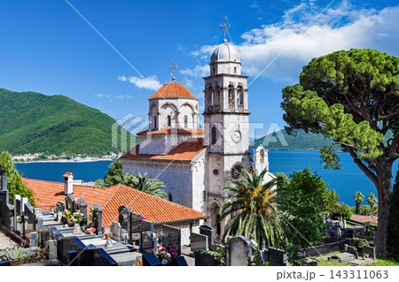 Serbian Orthodox Monastery with Bell Tower and Cemetery Overlooking the Bay of Kotor in Herceg Novi, Montenegro 143311063