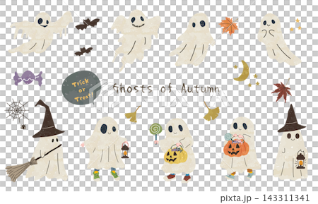 ゆるかわいいハロウィンのゴーストたちセット(背景色無し) ゆるかわいいハロウィンのゴーストたちセット(背景色無し) 143311341