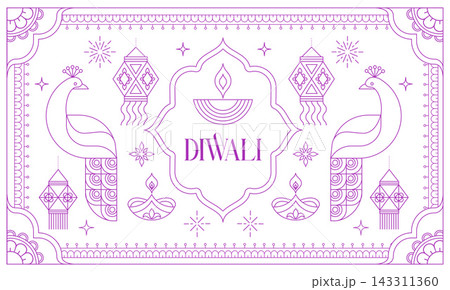 Minimalist Diwali background with peacocks, Diya lamps, lanterns and abstract decorative design 143311360