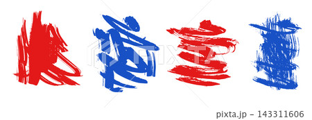 Grunge scribble striped chaotic textured blue and red ink brush stroke smears set. Artistic vector paintbrush symbol shape for texture frame design, fake calligraphy concept, expressive sign 143311606