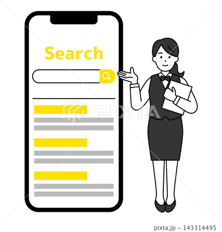 大きいスマホの画面で検索を案内するレストランの女性店員 大きいスマホの画面で検索を案内するレストランの女性店員 143314495