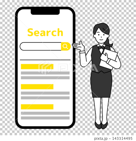 大きいスマホの画面で検索を案内するレストランの女性店員 大きいスマホの画面で検索を案内するレストランの女性店員 143314495