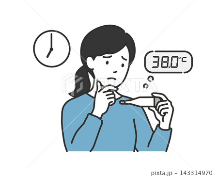 体温計の熱と時計を見比べて受診のタイミングを迷う女性 体温計の熱と時計を見比べて受診のタイミングを迷う女性 143314970