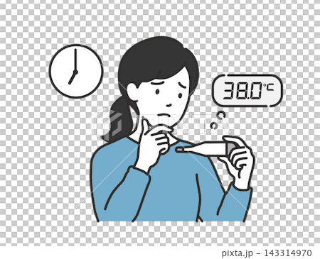 一位女士將體溫計讀數與手錶讀數進行比較,不確定何時應該就醫。 一位女士將體溫計讀數與手錶讀數進行比較,不確定何時應該就醫。 143314970