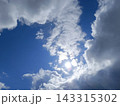 Bright blue sky with fluffy white and grey clouds. Intense sunlight shining through creating a glare 143315302