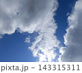 Vibrant blue sky filled with fluffy white clouds. Bright sunlight illuminating cumulus clouds from below 143315311
