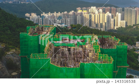 Hong Kong Sept 13 2026 Bamboo Scaffolding Covers Residential Building Construction Site Hong Kong Sept 13 2026 Bamboo Scaffolding Covers Residential Building Construction Site 143316538