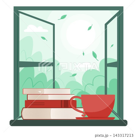 A Cup of Hot Coffee Drinks and Stack of Books Placed by the Glass Window Frame that Opens onto the Garden Concept Illustration Clip Art A Cup of Hot Coffee Drinks and Stack of Books Placed by the Glass Window Frame that Opens onto the Garden Concept Illustration Clip Art 143317213