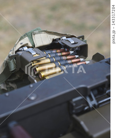 Close Up of Linked Ammunition Belt for Heavy Machine Gun 143317284