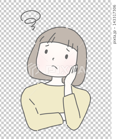 A woman with her hand on her cheek, looking troubled. A woman with her hand on her cheek, looking troubled. 143317306