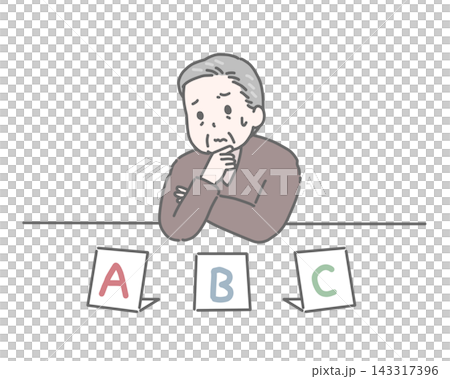 An elderly man struggling with a multiple-choice question with three options. 143317396
