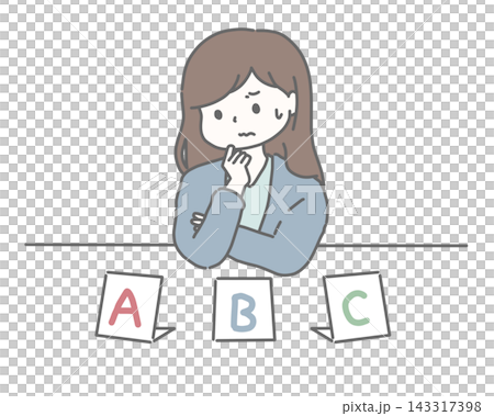A woman struggling with a multiple-choice question with three options. A woman struggling with a multiple-choice question with three options. 143317398