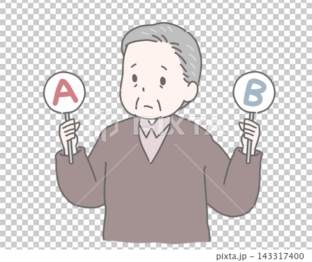 An elderly man holding a card marked "AB" is troubled. 143317400