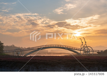 Sunrise Dawn over Misaeng Bridge with Water Reflection in Siheung Wetland, South Korea Sunrise Dawn over Misaeng Bridge with Water Reflection in Siheung Wetland, South Korea 143317806
