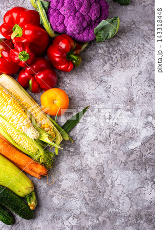 Corn, pepper, cauliflower, carrot, cucumber, tomato and zucchini 143318448
