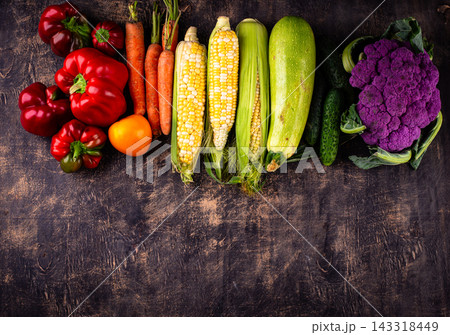 Corn, pepper, cauliflower, carrot, cucumber, tomato and zucchini 143318449