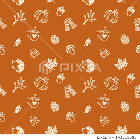 Seamless Autumn Pattern with Cozy Fall Icons 143318685