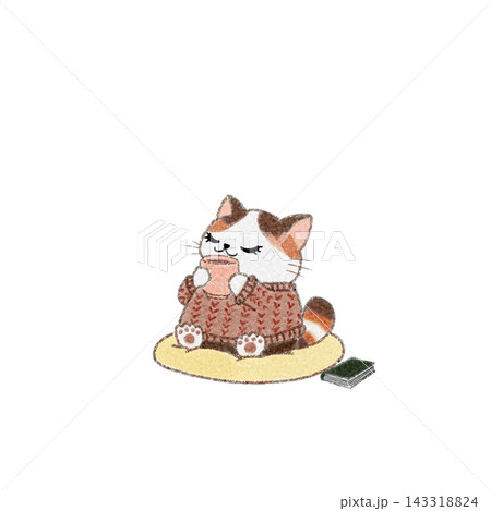 温かい飲み物でひと息つく三毛猫のイラスト 143318824