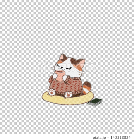 An illustration of a calico cat taking a break with a warm drink. 143318824