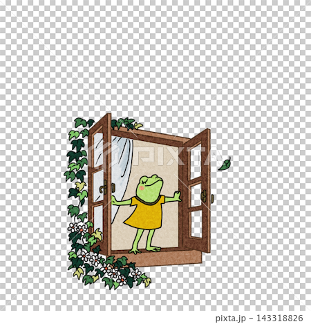 An illustration of a frog opening a window and taking a deep breath. 143318826
