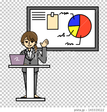 A woman in a suit presenting while raising her hand to greet and guide people in front of a whiteboard (color illustration material) A woman in a suit presenting while raising her hand to greet and guide people in front of a whiteboard (color illustration material) 143319122
